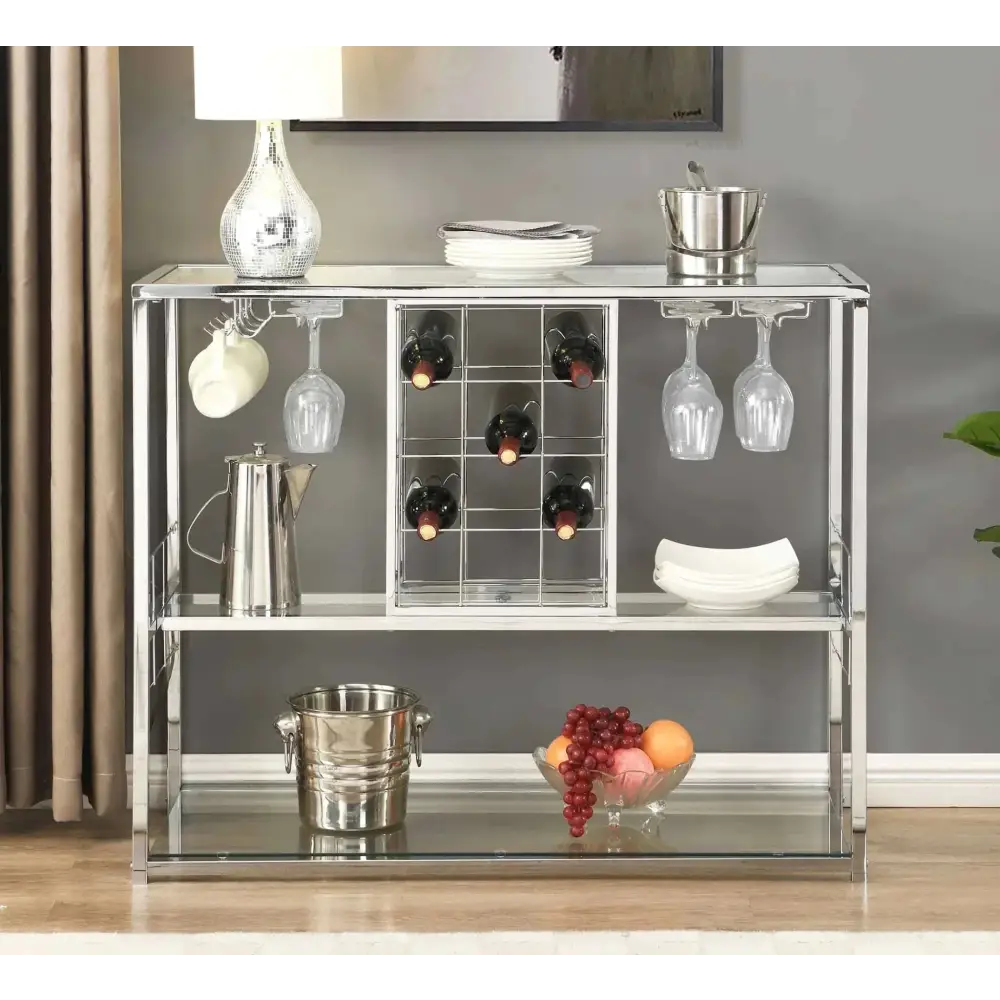 Modern chrome wine rack table with mirrored shelves and chrome finish for stylish wine and glass storage console