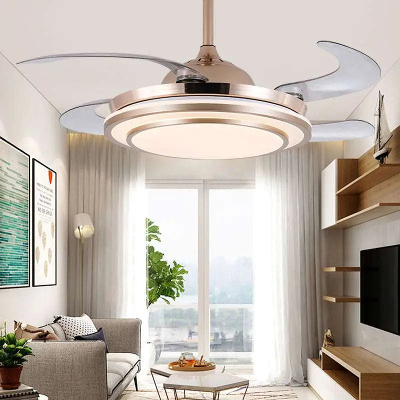 Modern circular eye protection led fan chandelier with spectrum eye protection and brushed gold finish curved blades