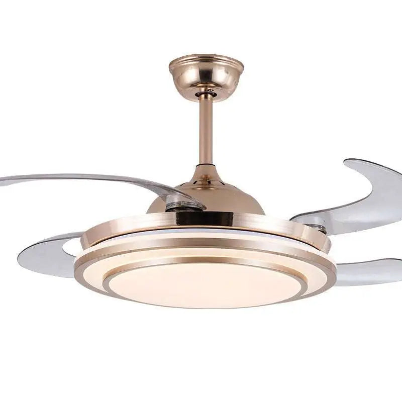 Modern circular eye protection led fan chandelier with brushed gold finish and sleek curved transparent blades
