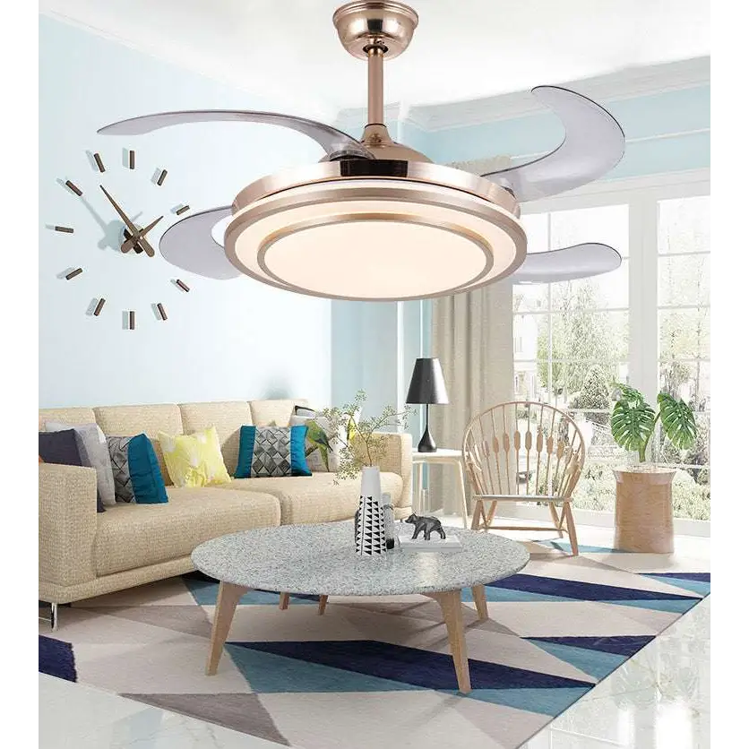 Modern circular eye protection led fan chandelier with brushed gold finish and sleek silver blades for spectrum eye protection