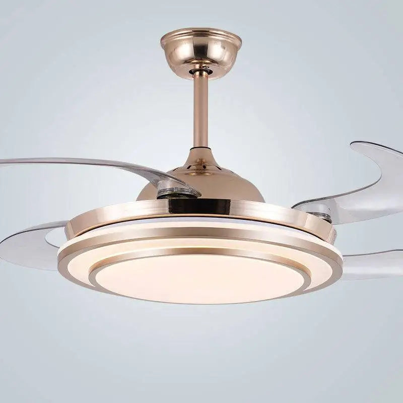 Modern circular eye protection led fan chandelier with brushed gold finish and transparent blades for spectrum eye protection