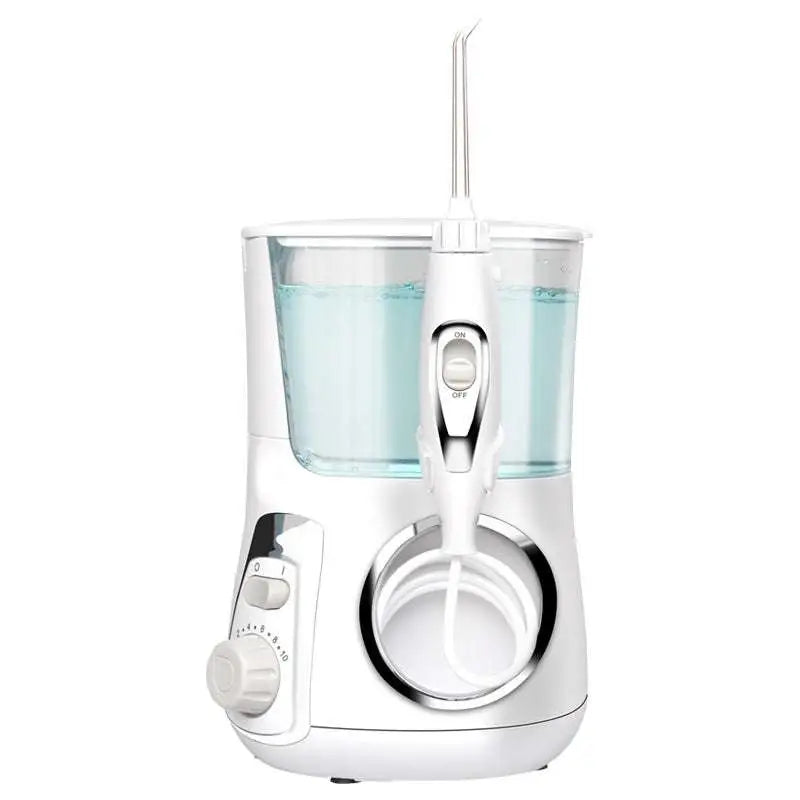 Modern electric tooth punch water flosser with white body, clear tank, silver accents, and flexible punch water flosser tip