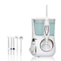 White electric tooth punch water flosser with clear tank and multiple interchangeable tips for oral care