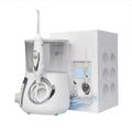 Modern electric tooth punch in white and silver with clear tank and sleek design punch water flosser device