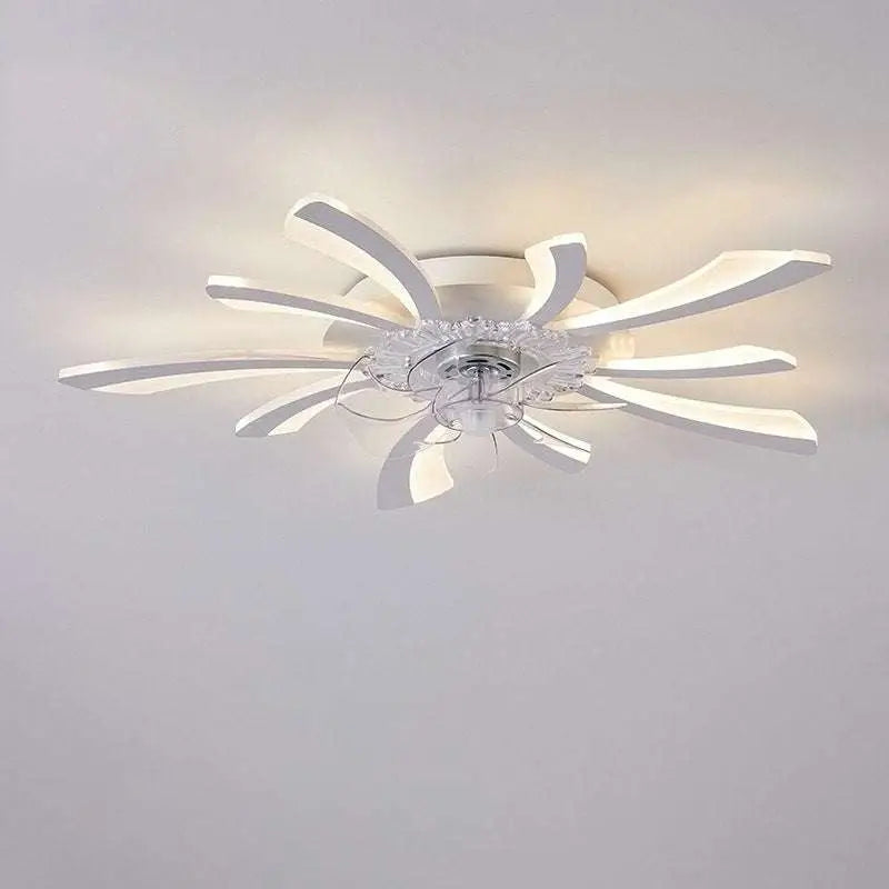 Modern flower crystal large white framed ceiling fan light with sleek petal design and crystal accents