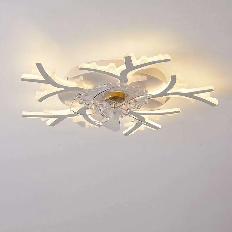 Modern flower crystal large white framed ceiling fan with branching led ceiling light and clear crystal accents