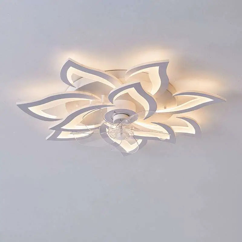 Modern flower crystal large white framed ceiling fan with a sleek layered lotus design and integrated LED light fixture