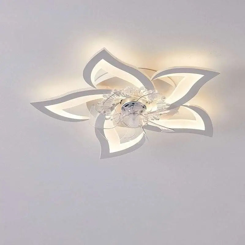 Modern flower crystal large white framed ceiling fan light with illuminated petals and central crystal accent