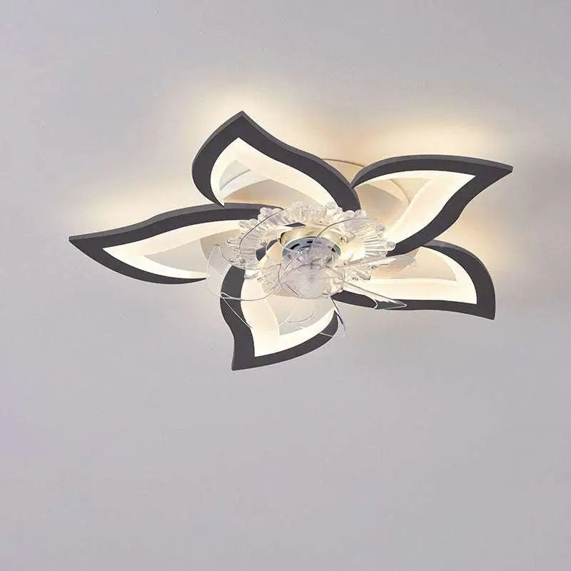 Modern flower crystal large black framed ceiling fan light with white petals and clear crystal center for indoor use