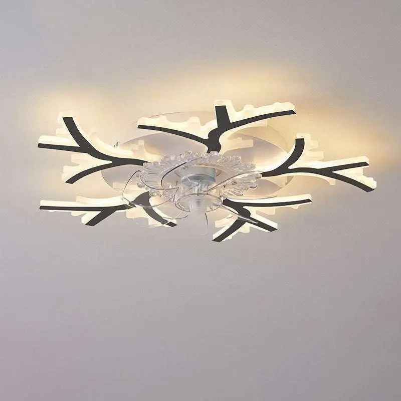 Modern flower crystal large black framed ceiling fan light with a black and white led tree branch ceiling design