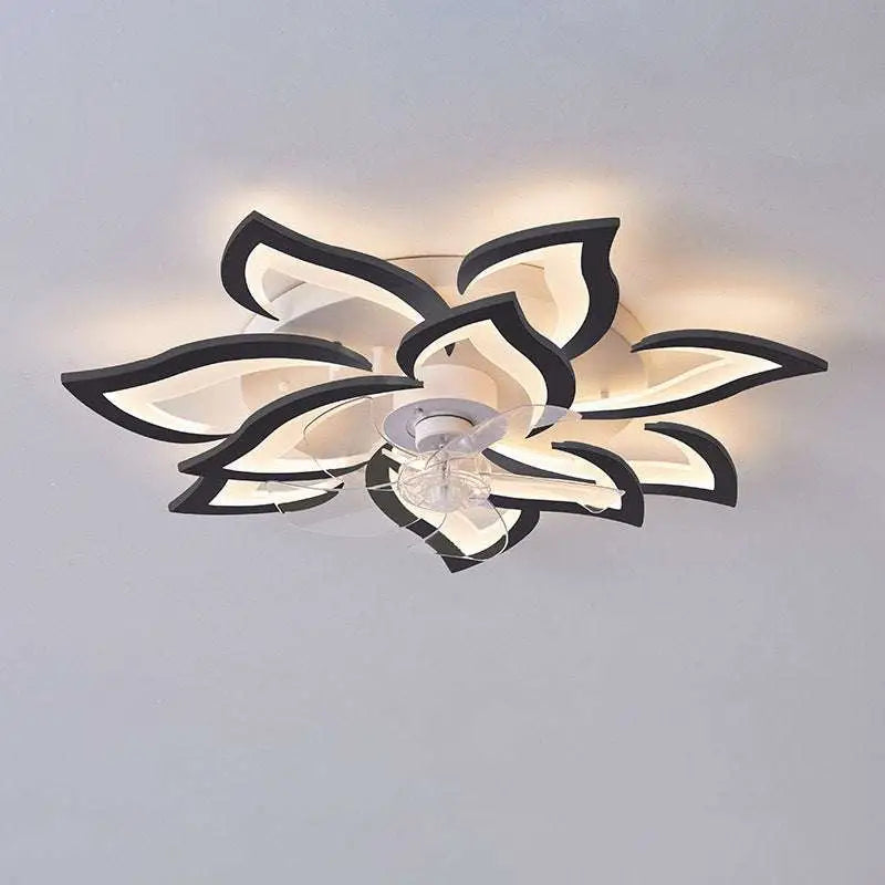Modern flower crystal large black framed ceiling fan with white lotus flower design and LED lighting