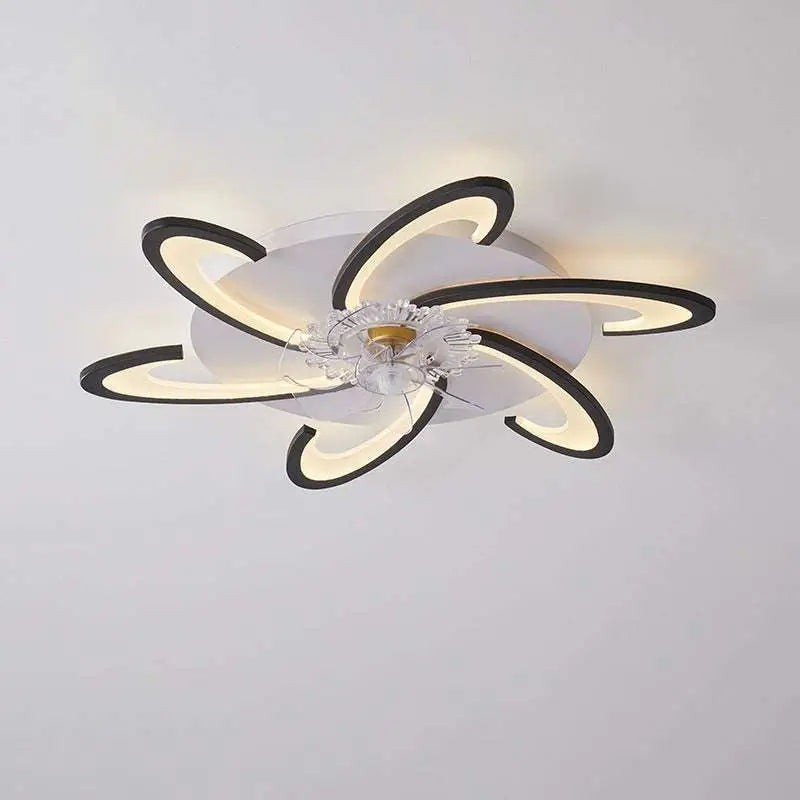 Modern flower crystal large black framed ceiling fan light with white curved rings and central crystal embellishment