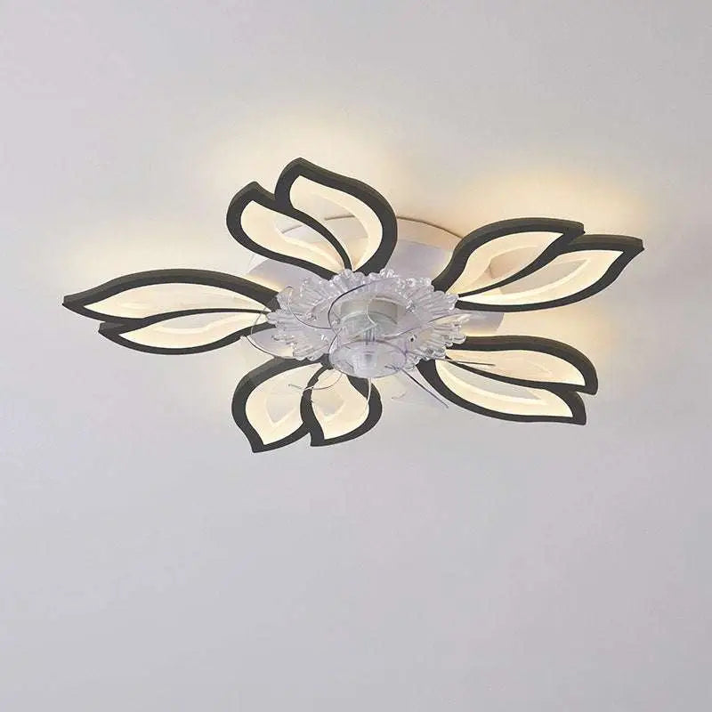 Modern flower crystal large black framed ceiling fan light with white floral design and central clear crystal embellishment