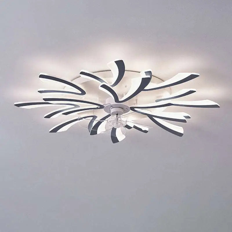 Modern flower crystal large black framed ceiling fan light with sleek black and white acrylic petals and chrome fixture