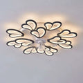 Modern flower crystal large black framed ceiling fan light with floral led design and white heart-shaped petals