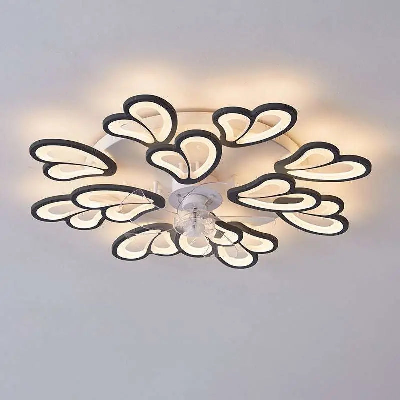 Modern flower crystal large black framed ceiling fan light with floral led design and white heart-shaped petals