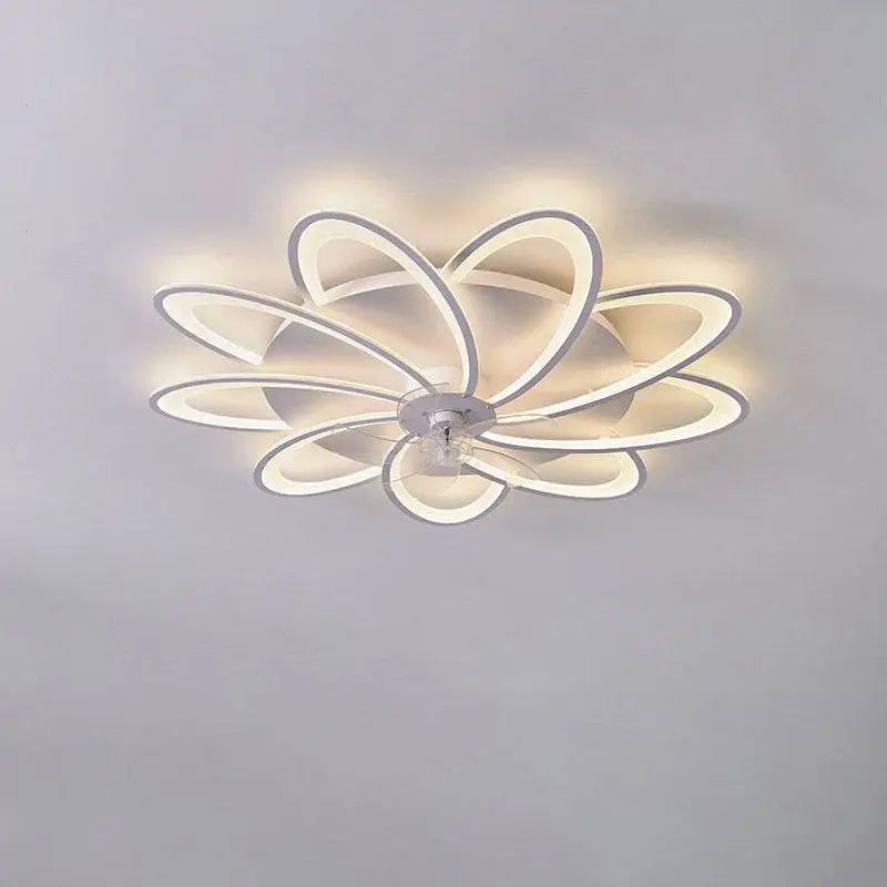 Modern flower crystal large white framed ceiling fan light with sleek curved acrylic rings and floral LED design