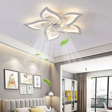 Modern flower crystal large white framed ceiling fan light with crystal accent and flower-shaped blades