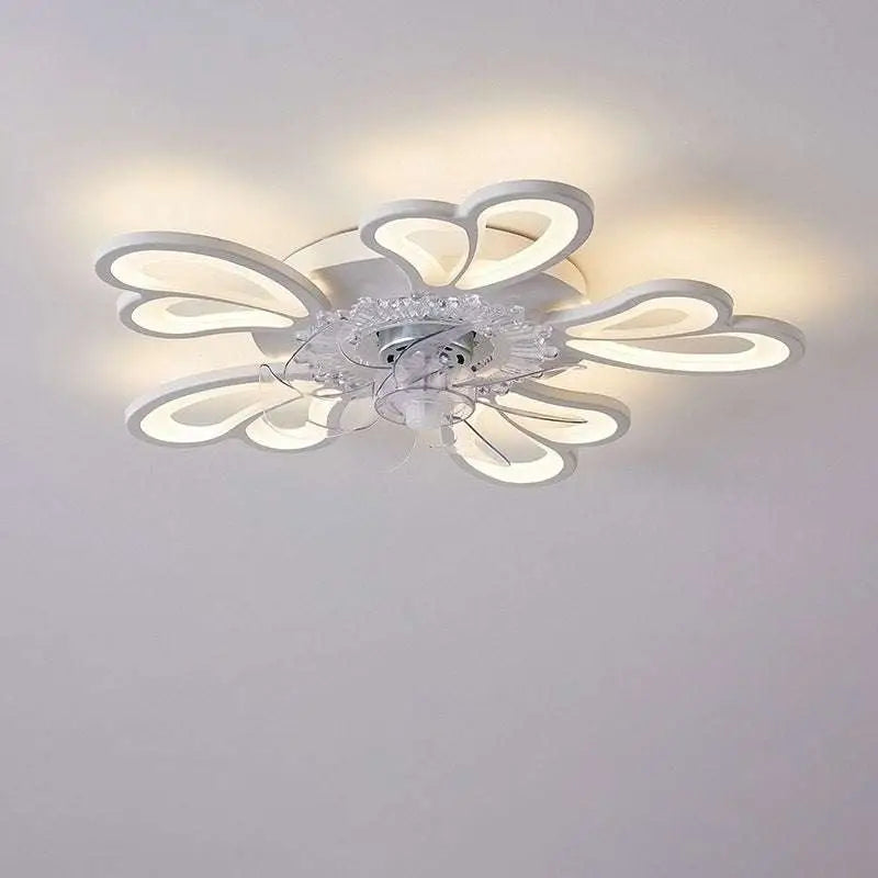Modern flower crystal large white framed ceiling fan light with crystal accent and flower-shaped blades