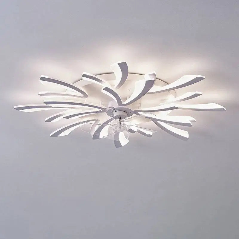 Modern flower crystal large white framed ceiling fan light with sleek curved layered arms and led illumination