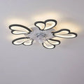 Modern flower crystal large black framed framed ceiling fan light with white and black LED petals and crystal center