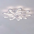 Modern flower crystal large white framed ceiling fan light with flowing petal-like rings and central clear crystal accent