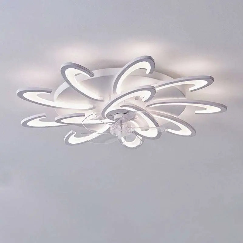 Modern flower crystal large white framed ceiling fan light with flowing petal-like rings and central clear crystal accent