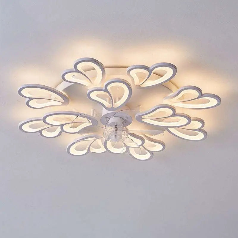Modern flower crystal large white framed ceiling fan light with heart-shaped LED petals and central fan blades
