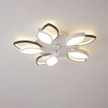 Modern flower crystal large white framed ceiling fan light featuring illuminated white and black flower-shaped petals