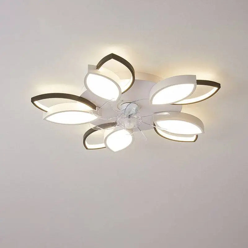 Modern flower crystal large white framed ceiling fan light featuring illuminated white and black flower-shaped petals