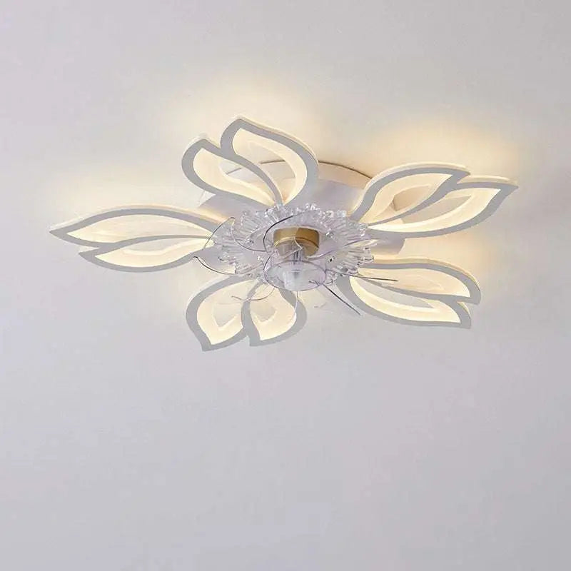 Modern flower crystal large white framed ceiling fan light with translucent white petals and clear central design