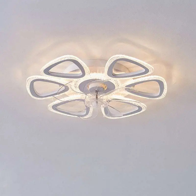 Modern flower crystal ceiling fan light with large white framed design and six translucent petal-shaped arms illuminated by warm white leds