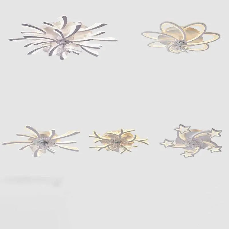 Modern flower crystal large white framed ceiling fan light with sleek metallic arms in floral starburst design