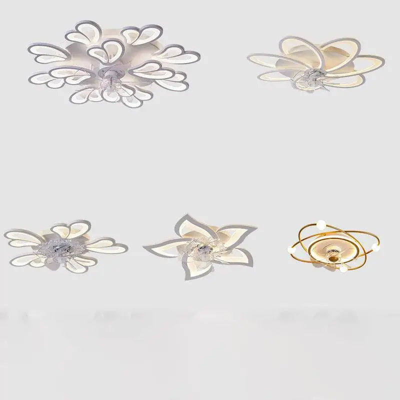 Modern flower crystal large white framed ceiling fan light with sleek metallic petals and embedded led bulbs