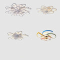 Modern flower crystal large black framed ceiling fan with translucent white petal shades and colorful multi-hued design