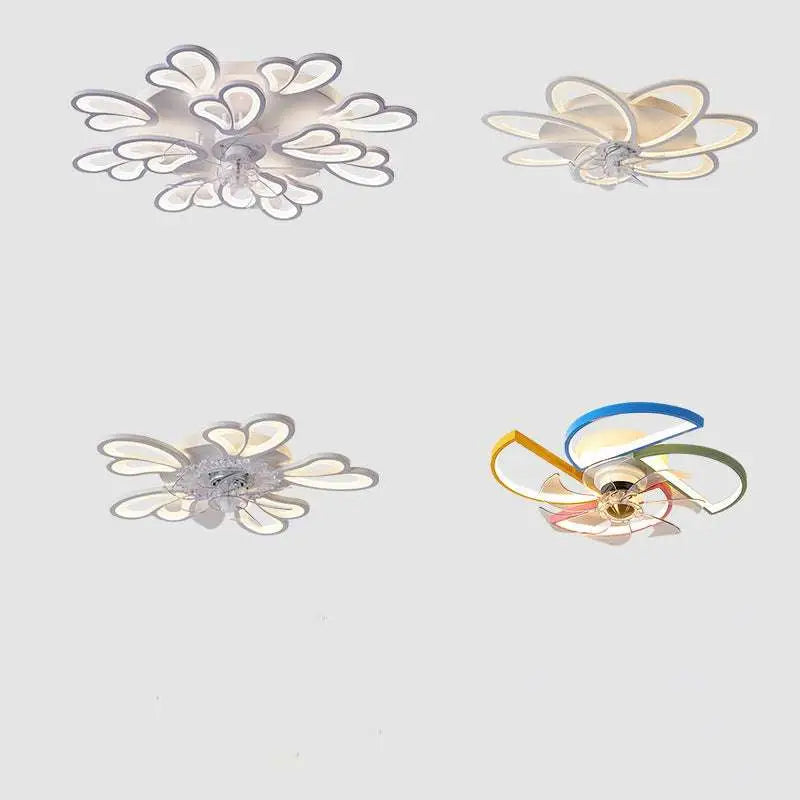 Modern flower crystal large black framed ceiling fan with translucent white petal shades and colorful multi-hued design