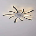 Modern flower crystal large black framed ceiling fan light with sleek black and white curved arms and crystal accents