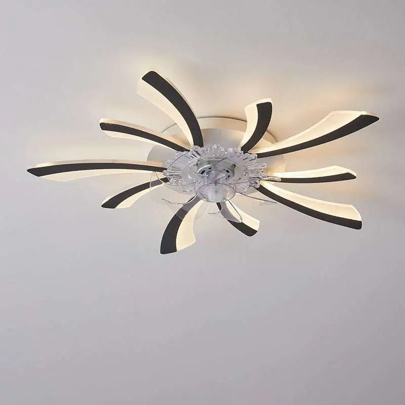 Modern flower crystal large black framed ceiling fan light with sleek black and white curved arms and crystal accents