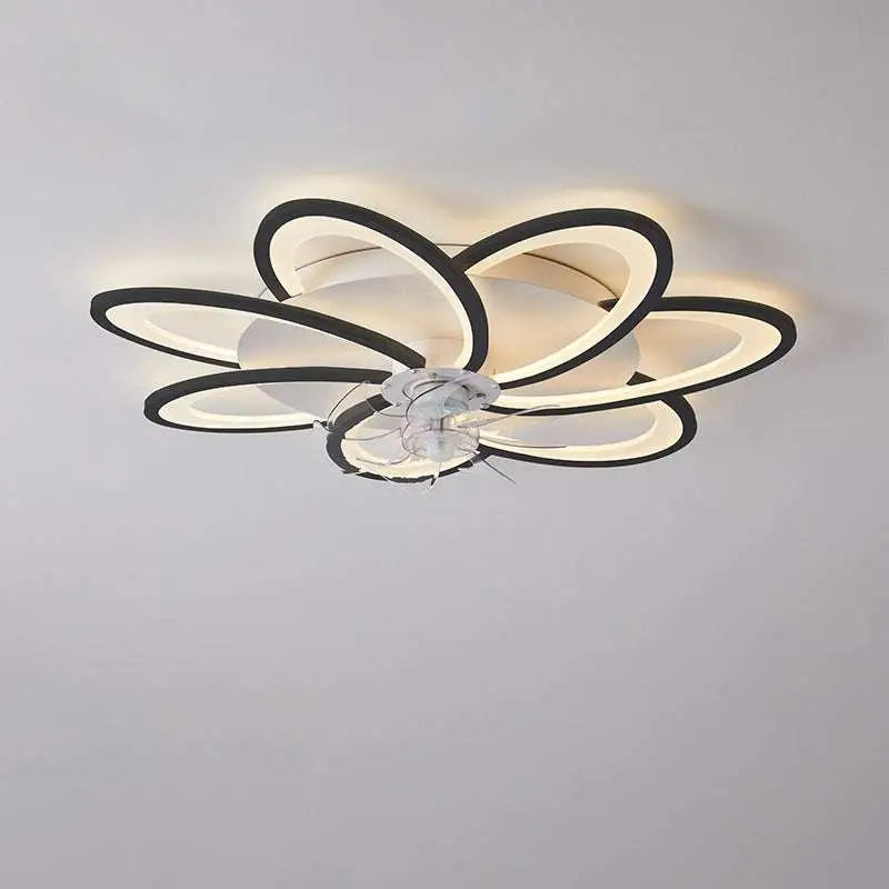Modern flower crystal large black framed ceiling fan light with white led flower-like design for contemporary interiors