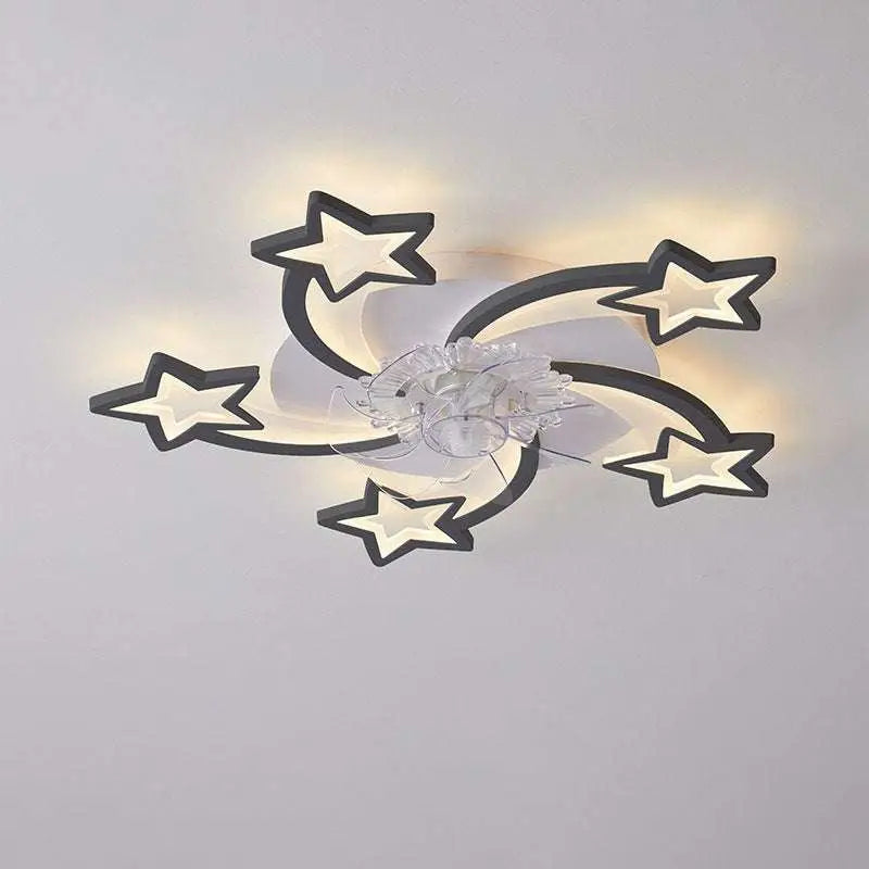 Modern flower crystal large black framed ceiling fan light with white frame and black star shaped cutouts and crystal center
