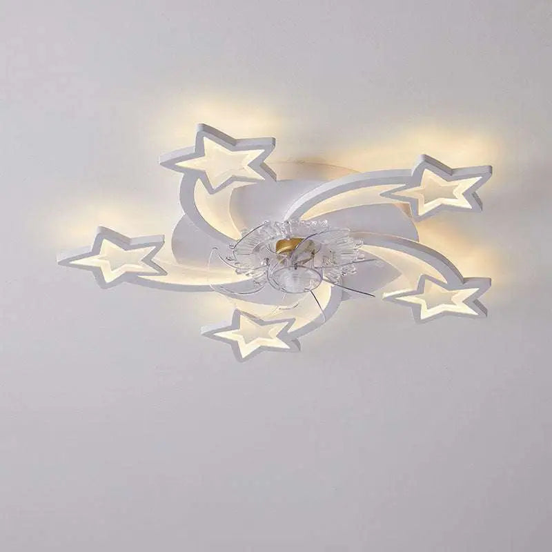 Modern flower crystal large white framed ceiling fan with star-shaped translucent crystal light and warm LED illumination