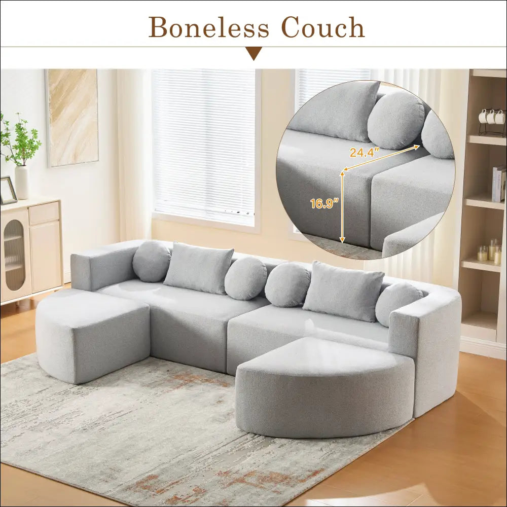 Modern grey modular sectional sofa bed with plush textured fabric and curved-end modules for versatile seating