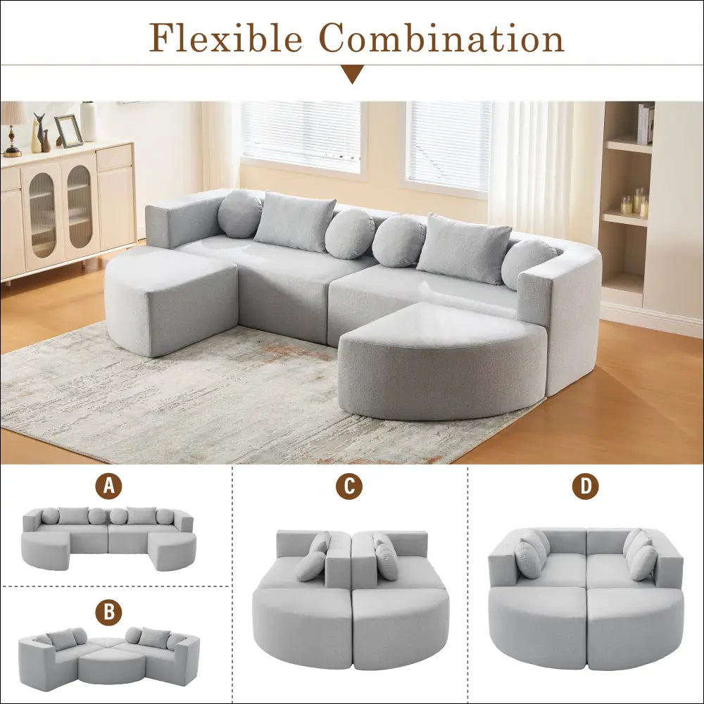 Modern grey modular sectional sofa bed with curved-end modules in soft fabric upholstery for flexible use