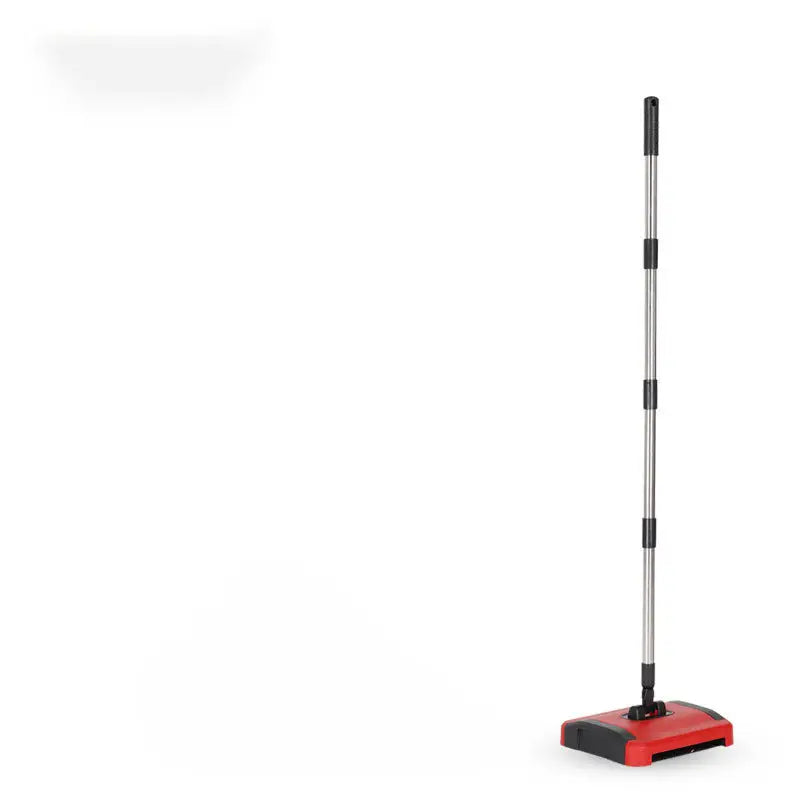 Modern hand-pushed sweeper electric floor cleaner in red and black with a telescopic metal handle for easy use