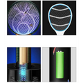 Green cylindrical battery with red wire attached to the back of a bedroom electric mosquito swatter with glowing blue mesh