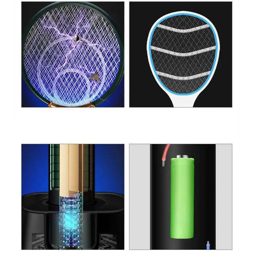 Green cylindrical battery with red wire attached to the back of a bedroom electric mosquito swatter with glowing blue mesh