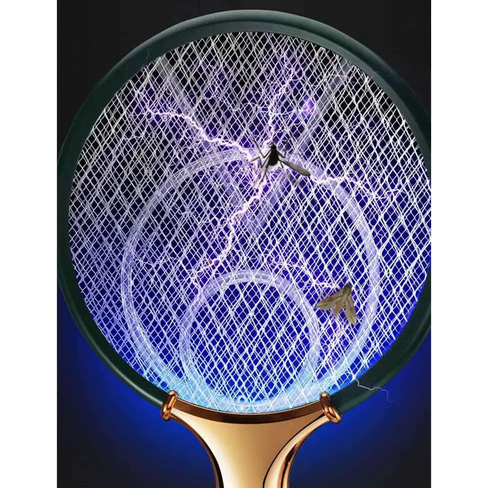 A sleek white and gold electric mosquito swatter with a glowing blue mesh designed for modern home bedroom use