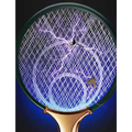 Modern home bedroom electric mosquito swatter with dark green frame, white mesh, and glowing blue purple electrical arcs