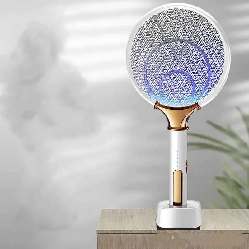 A sleek white and gold electric mosquito swatter with a glowing blue mesh designed for modern home bedroom use