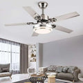 Modern silver-finished ceiling fan light with five sleek blades for dining room ceiling and modern home dining use